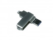 USB-флешка на 32 Гб, интерфейс USB3.0, поворотный механизм,c дополнительными разъемами для I-phone Lightning и Micro USB,  полностью металлический корпус, серебро