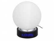 Лампа настольная с часами, датой и термометром. При включении на поверхности лампы появляется стилизованное изображение земного шара