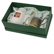 Чайный набор с подстаканником и фарфоровым чайником ЭГОИСТ-Л, золотистый/белый