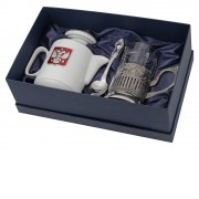 Чайный набор с подстаканником и фарфоровым чайником ЭГОИСТ-М, серебристый/белый