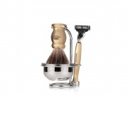 Бритвенный набор Mondial: станок, помазок, чаша, подставка; светлый и серый перламутр