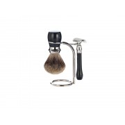 Бритвенный набор Mondial: классический станок, помазок, подставка; чёрная смола