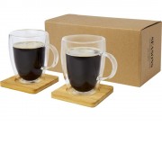 Стеклянный стакан Manti объемом 350 мл с двойными стенками и подставкой из бамбука, 2 шт. , natural