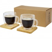 Стеклянный стакан Manti объемом 250 мл с двойными стенками и подставкой из бамбука, 2 шт. , natural