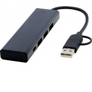 Концентратор USB 2.0 Rise из переработанного алюминия, сертифицированного по стандарту RCS - сплошной черный